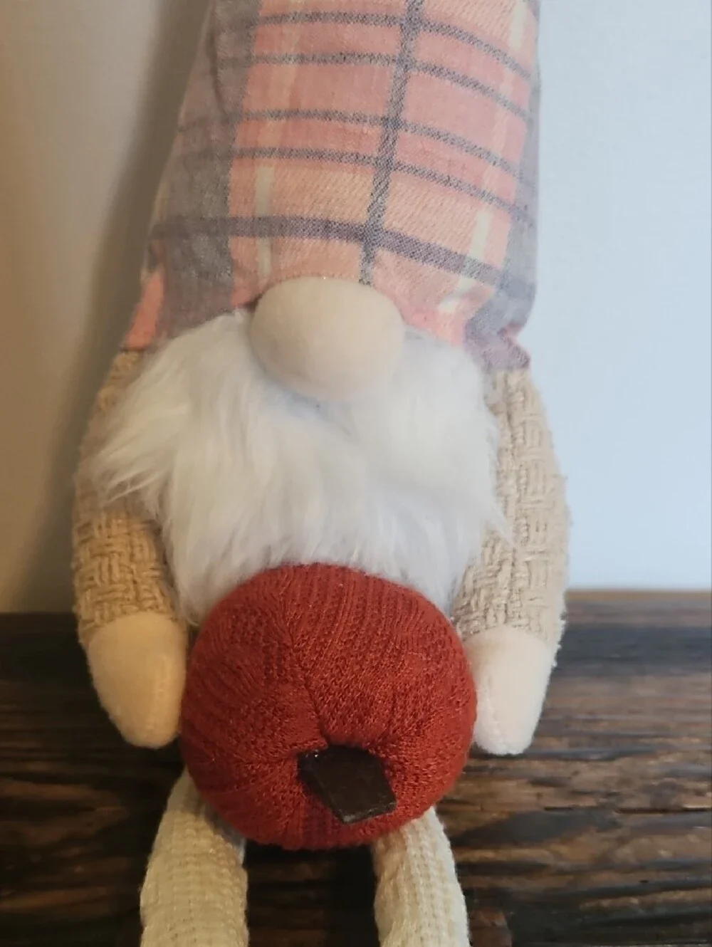 Plush Gnome Doll with Plaid Pink Hat and Red Pumpkin